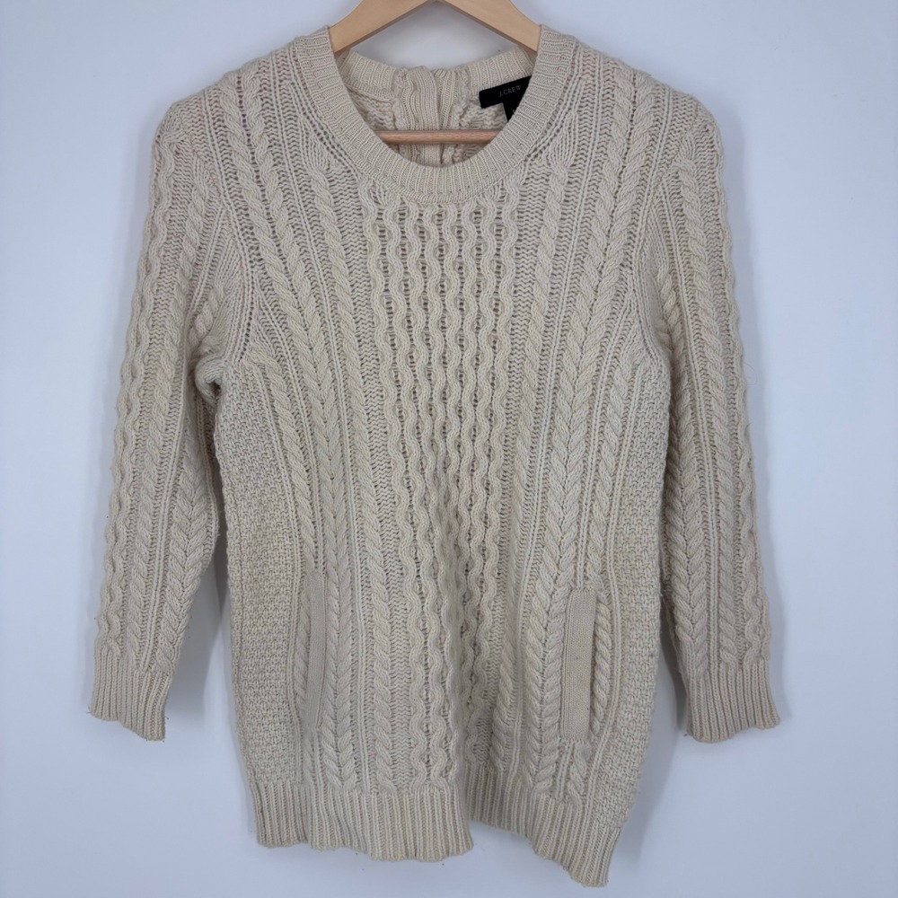 J.Crew Cable Knit Button Back Pocket Pullover Sweater Women S Ivory Fisherman